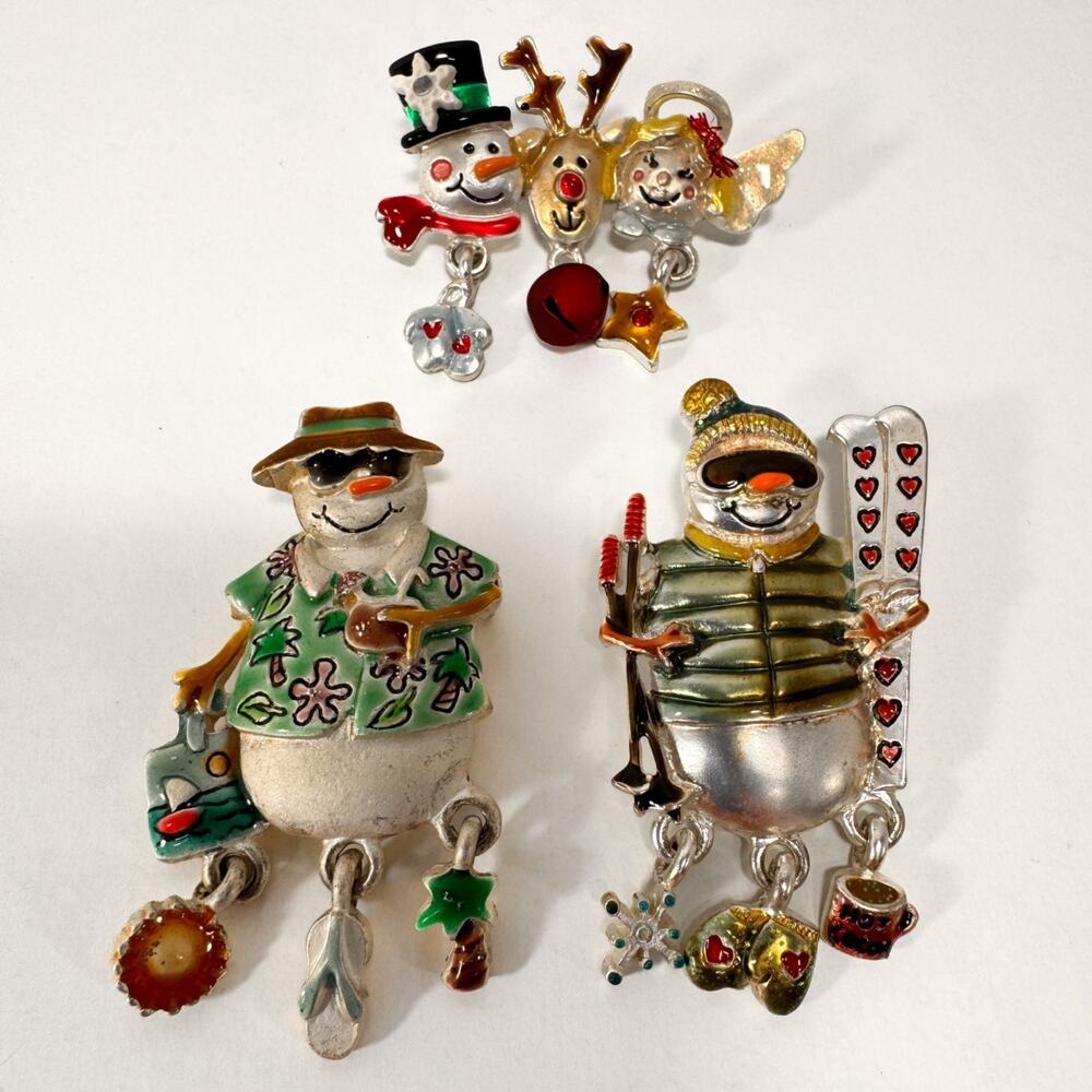 Lot 3 Christmas Snowman Brooch Dangling Charms Enamel Holiday Pins AJMC